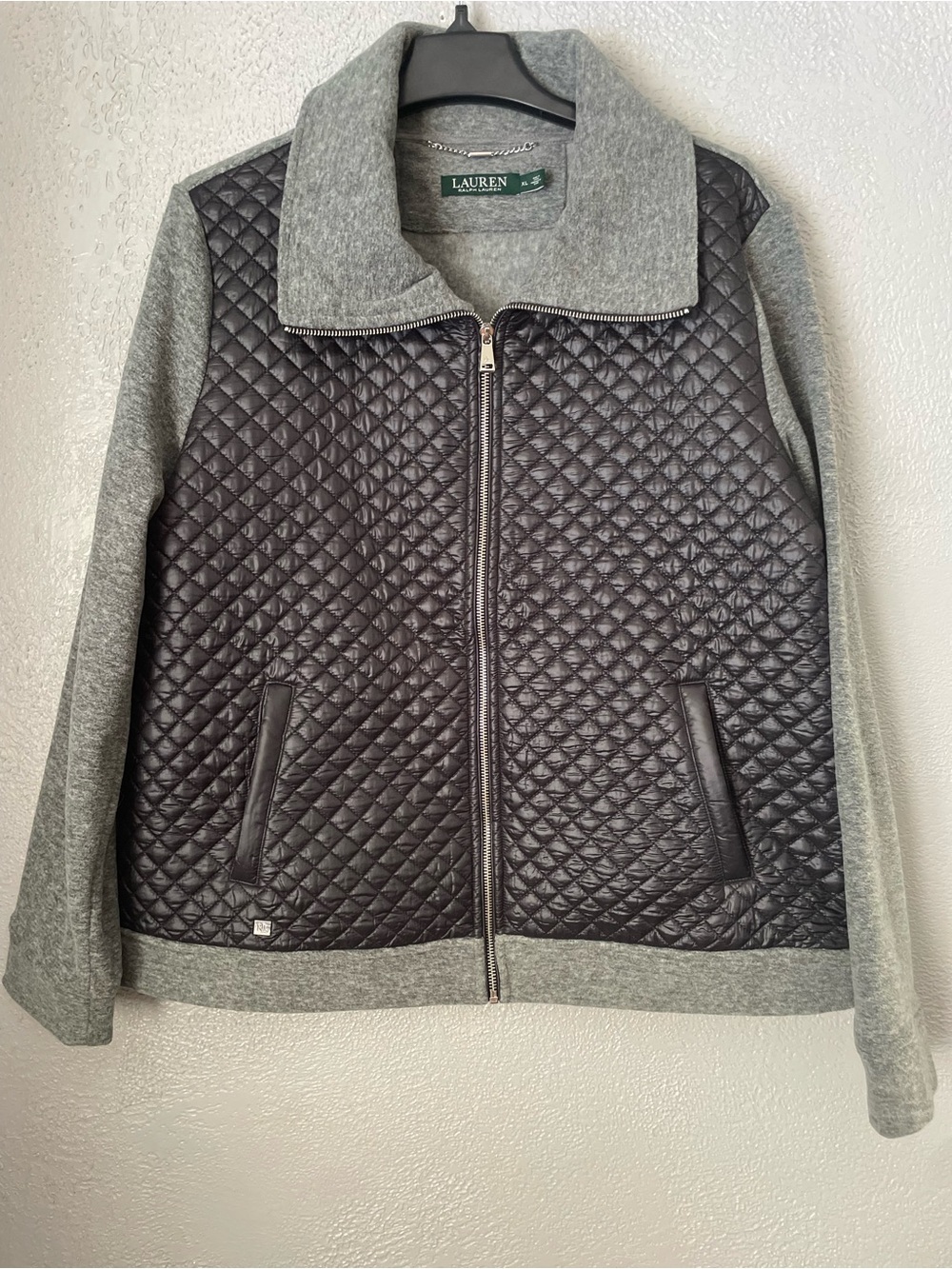 Ralph Lauren Quilted Black Front Grey Sleeve Bomber Jacket